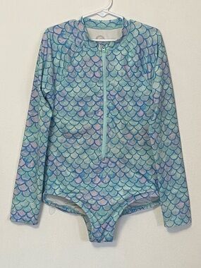 Wonder Nation Girls Mermaid Scale Rash Guard Swimsuit One Piece 10-12 Blue